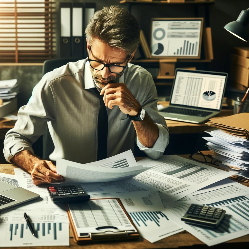 A busy accountant reviewing tax documents with a calculator and papers illustrating tax planning strategies for businesses.